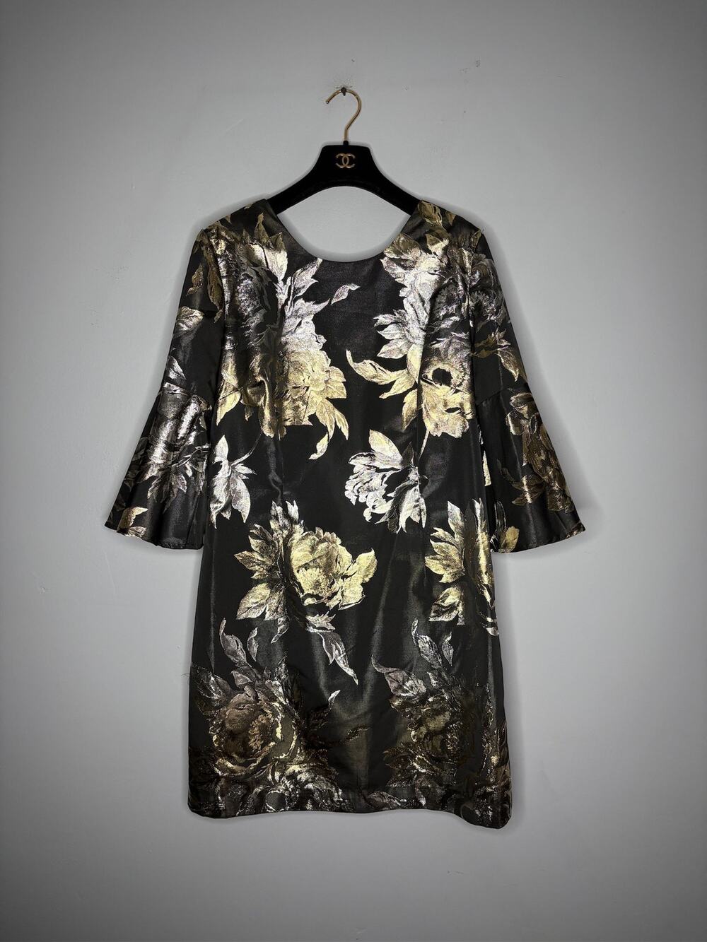 Trina Turk Black Gold Metallic Floral Shift Mini Dress Bell Sleeve Size 14